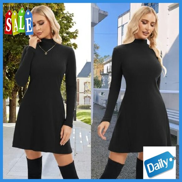 Long Sleeve Turtleneck Sweater Dress Ribbed Knit Mini A-Line Thermal - Picture 4 of 8